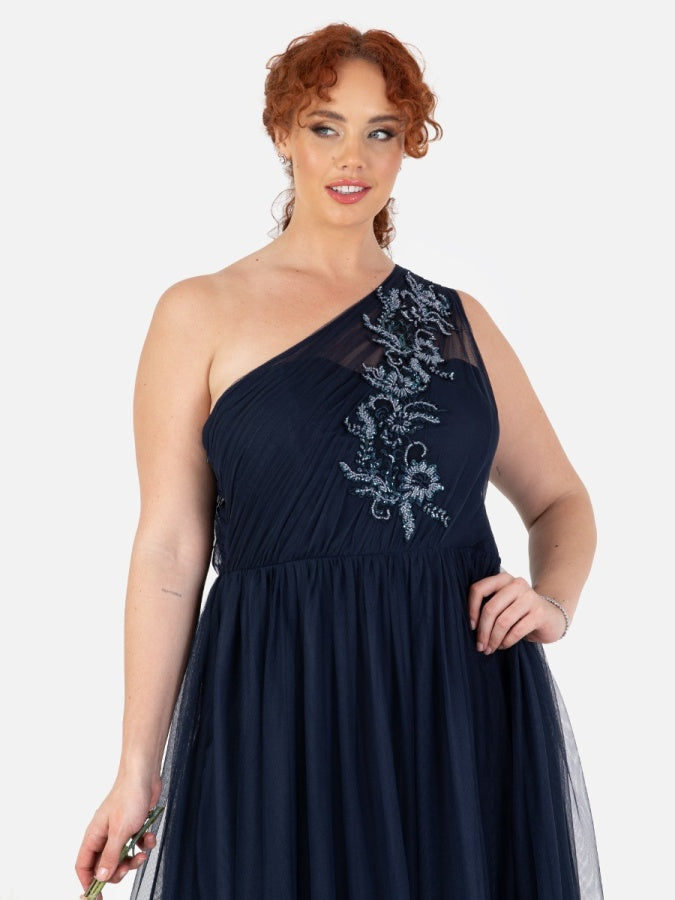 Maya Navy Embellished One Shoulder Maxi Dress