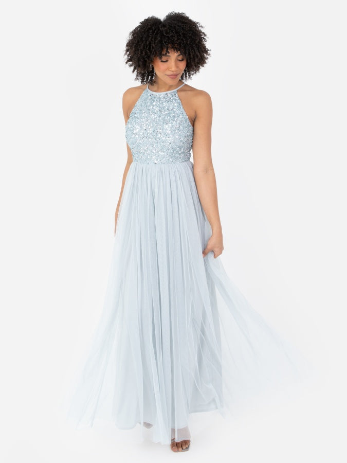 Maya Pale Blue Embellished Halter Maxi Dress