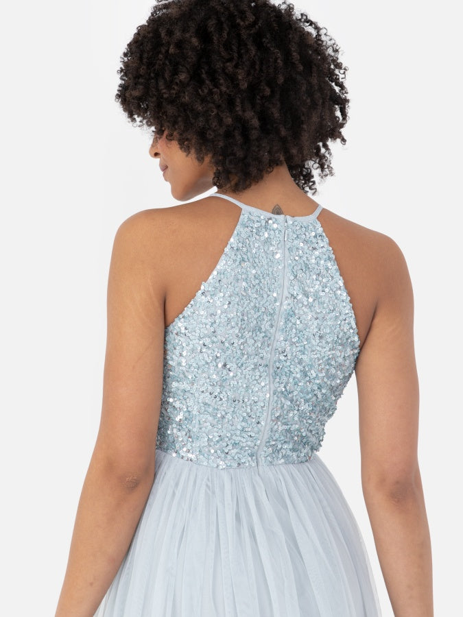 Maya Pale Blue Embellished Halter Maxi Dress