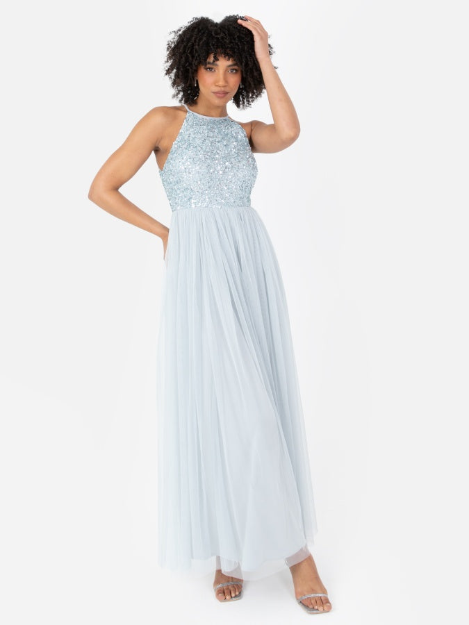 Maya Pale Blue Embellished Halter Maxi Dress