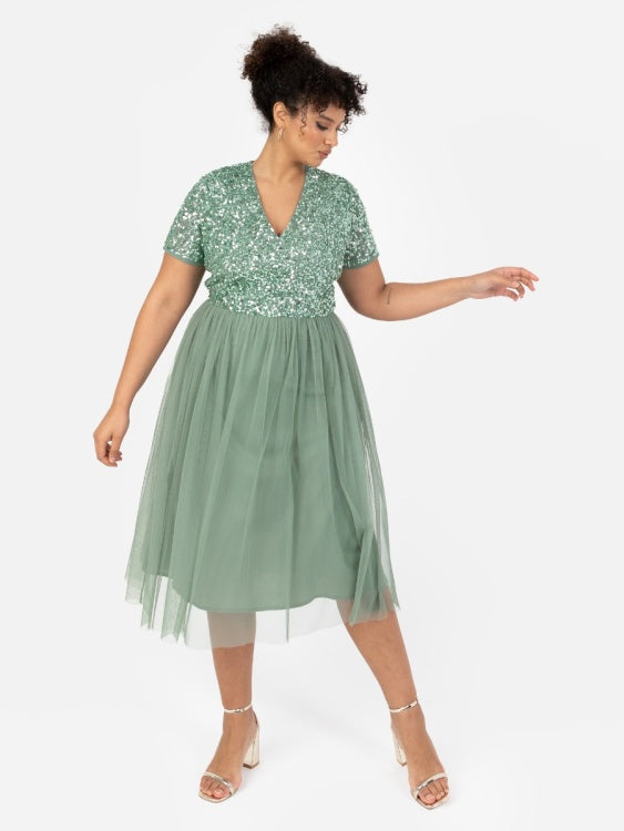 Maya Dark Sage V Neck Embellished Midi Dress Style for your Shape Maya Dark Sage V Neck Embellished Midi Dress Style for your Shape