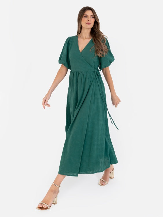 Lovedrobe Green Puff Sleeve Wrap Midi Dress