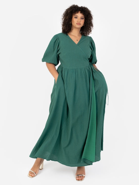 Lovedrobe Green Puff Sleeve Wrap Midi Dress