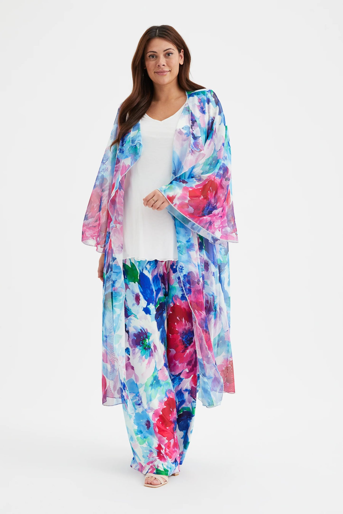 Scarlett & Jo Ivory Pink Blue Waterfall Long Cardigan