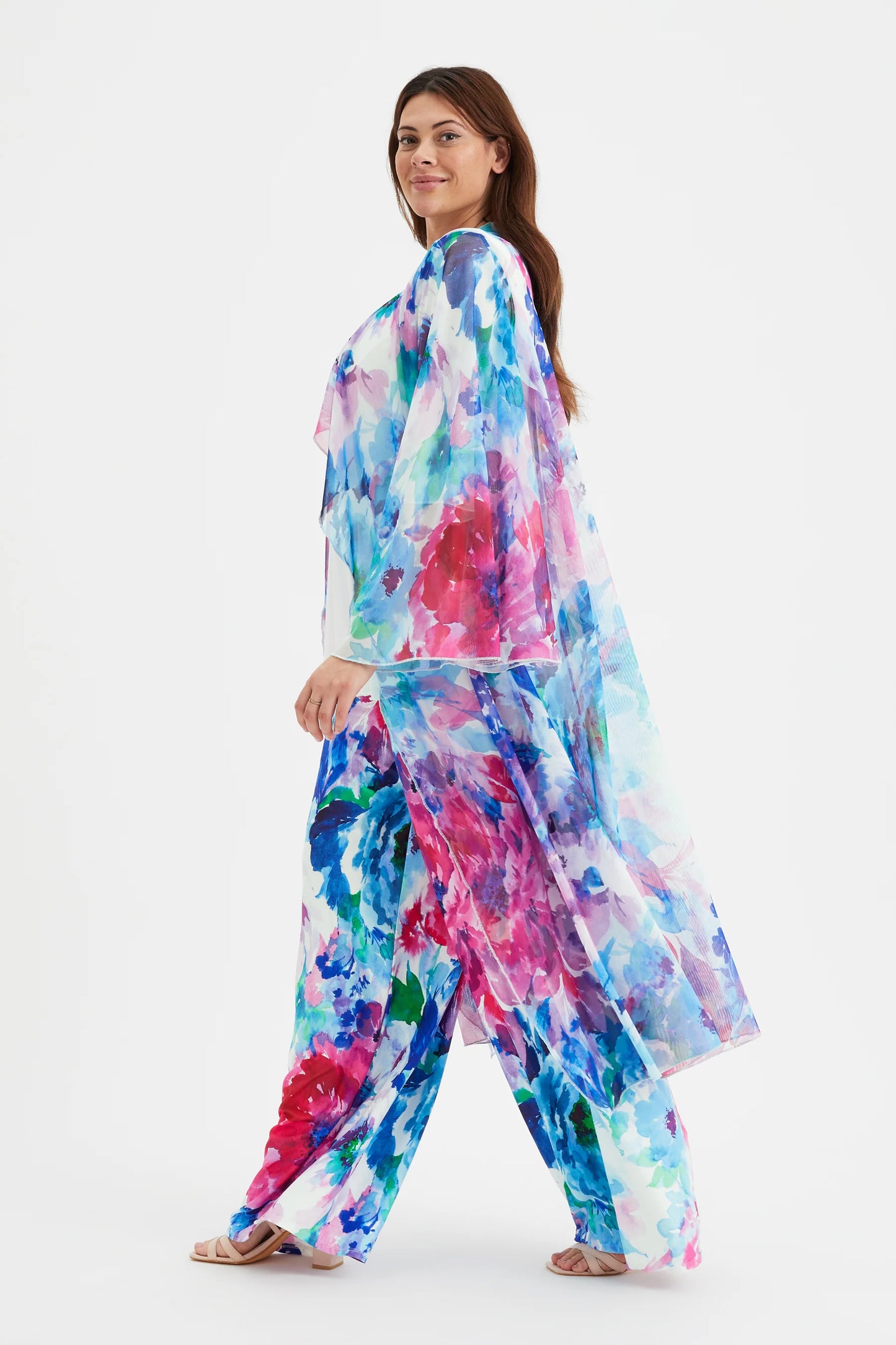 Scarlett & Jo Ivory Pink Blue Waterfall Long Cardigan