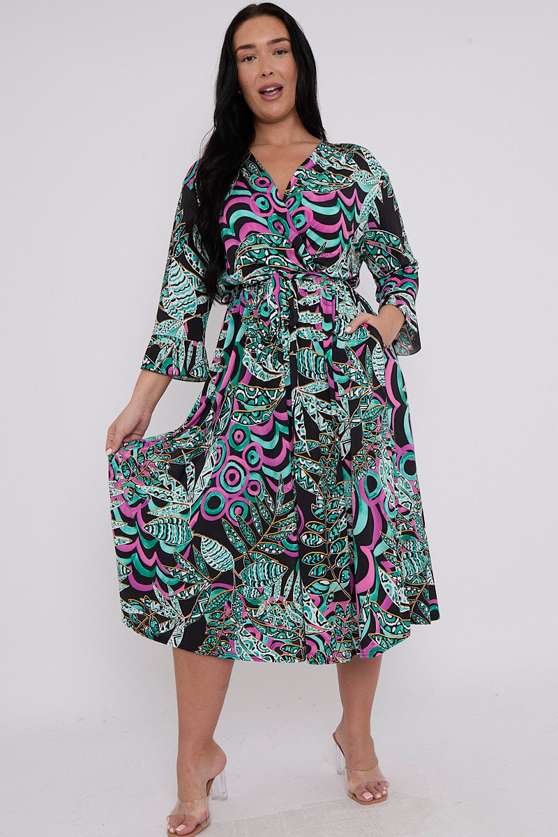 Wrap Dress With 3/4 Length Sleeve And Pockets