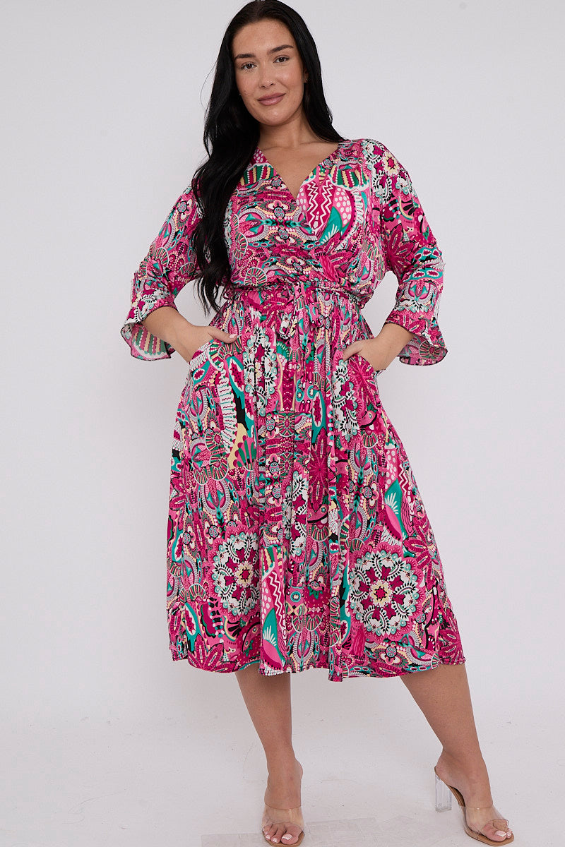 Wrap Dress With 3/4 Length Sleeve And Pockets