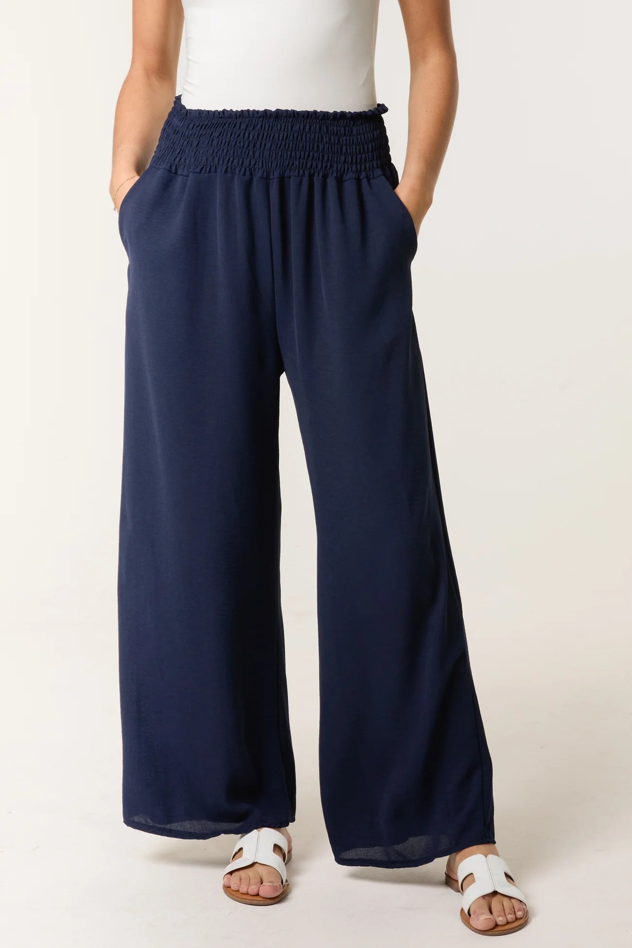 Shirred Waist Wide Leg Trousers