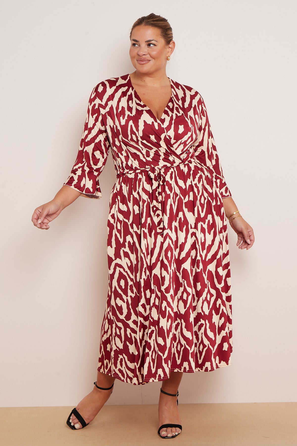 Wrap Dress With 3/4 Length Sleeve And Pockets