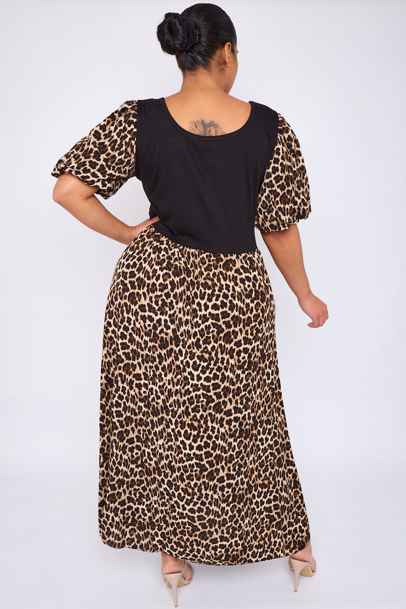 Animal Print Dress With Puff Sleeves And Pockets
