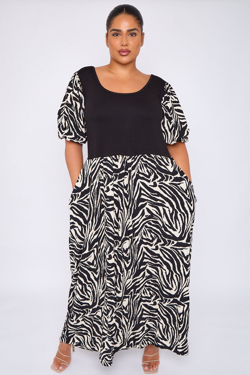 Animal Print Dress With Puff Sleeves And Pockets