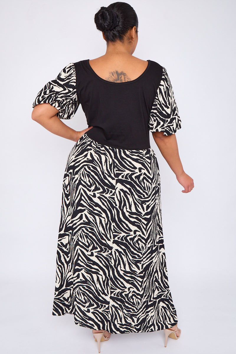 Animal Print Dress With Puff Sleeves And Pockets