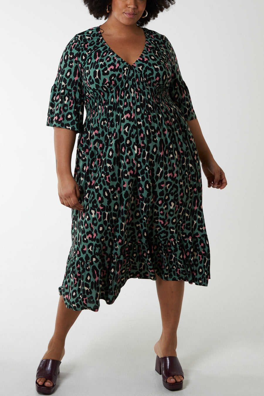 Animal Print Shirred Waist Midi Dress
