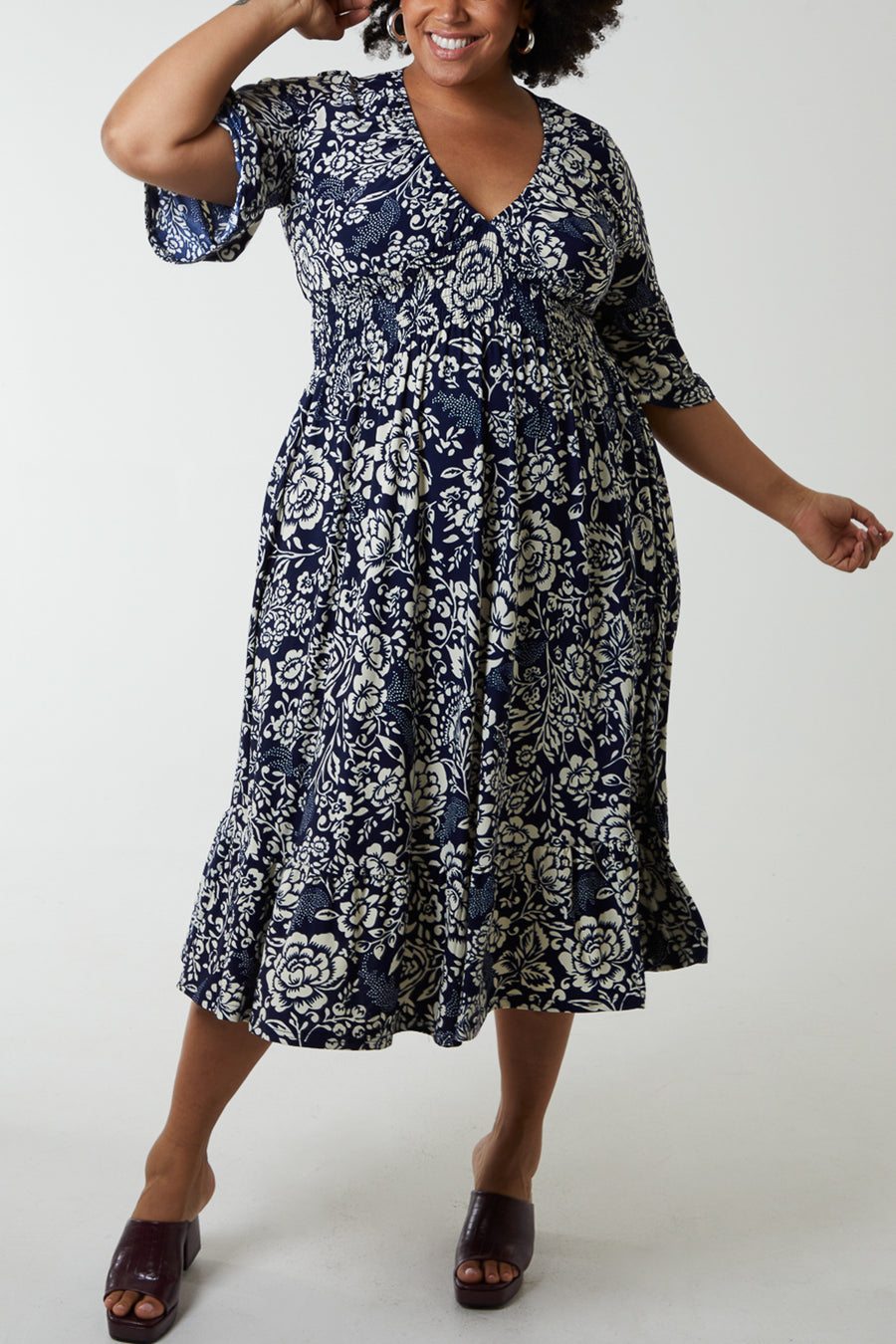 Navy Floral Shirred Waist Midi Dress