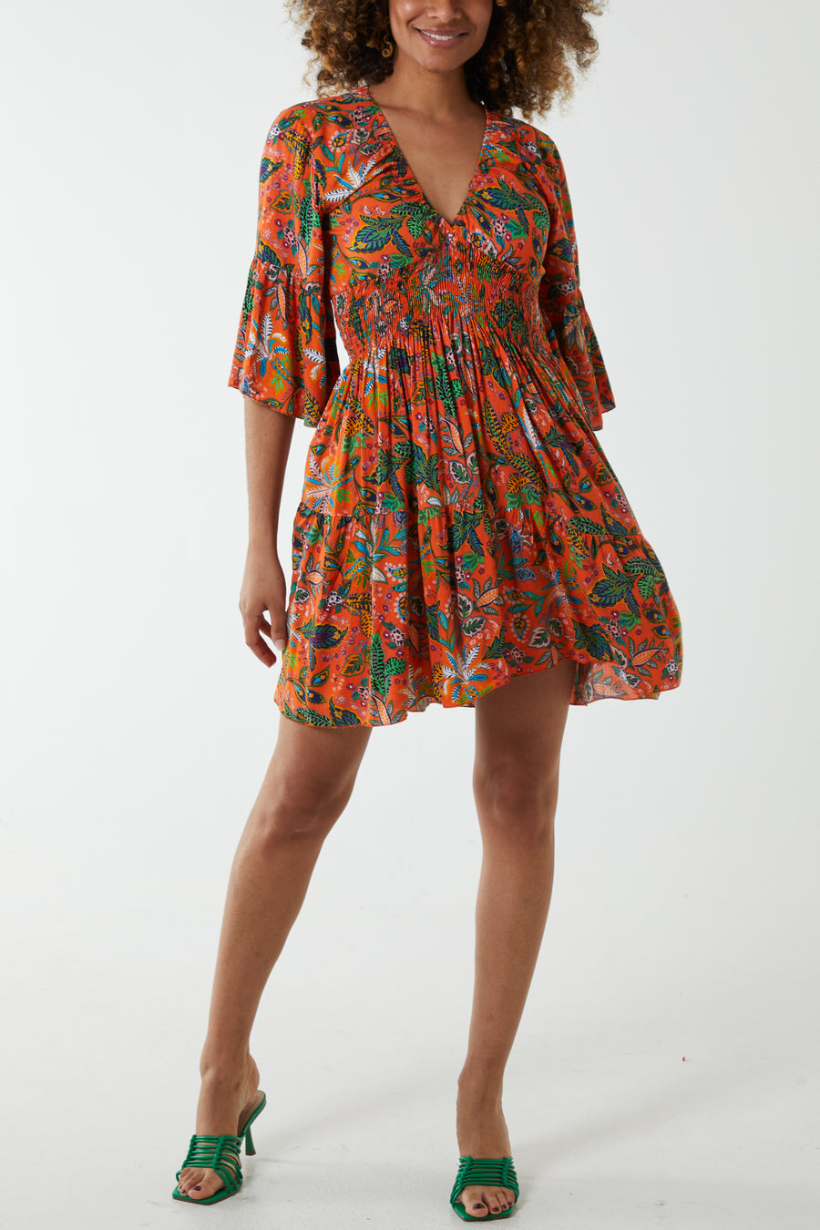 Leaf Print Shirred Bust Mini Dress