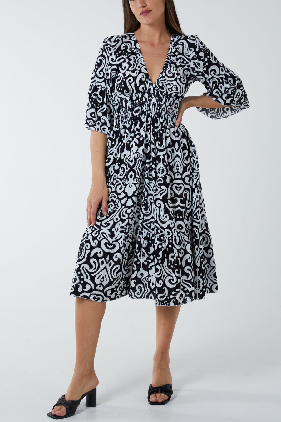 Baroque Shirred Waist Midi Dress