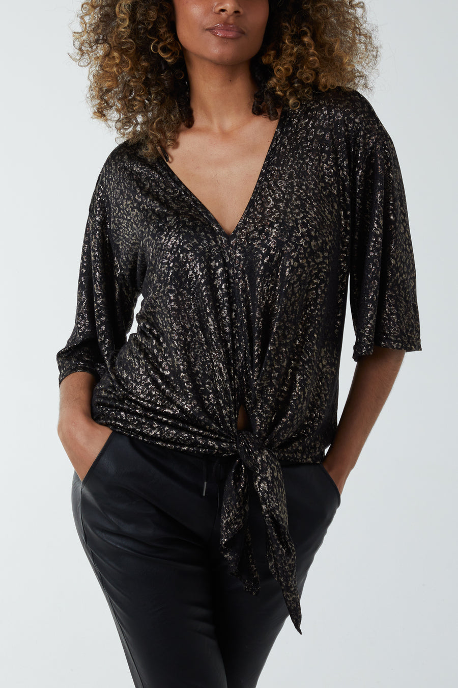 Metallic Tie Front Top