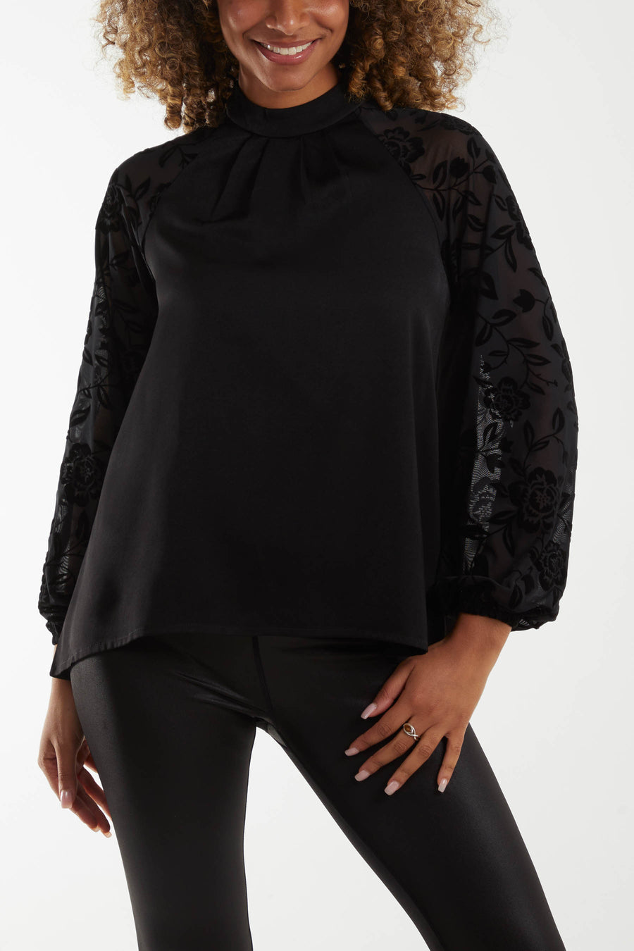 High Neck Flocked Sleeve Top