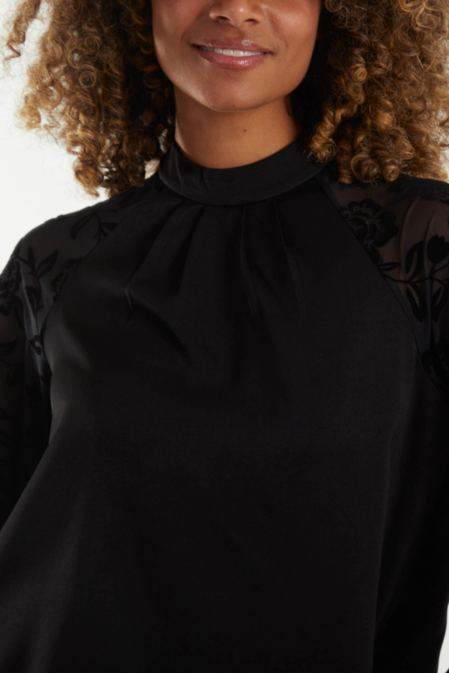 High Neck Flocked Sleeve Top