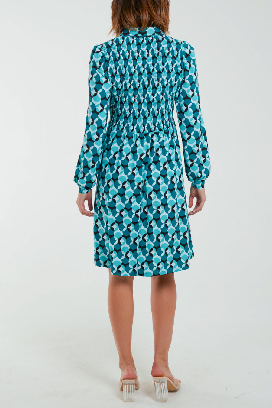 Geometric Print Shirred Bust Shirt Dress
