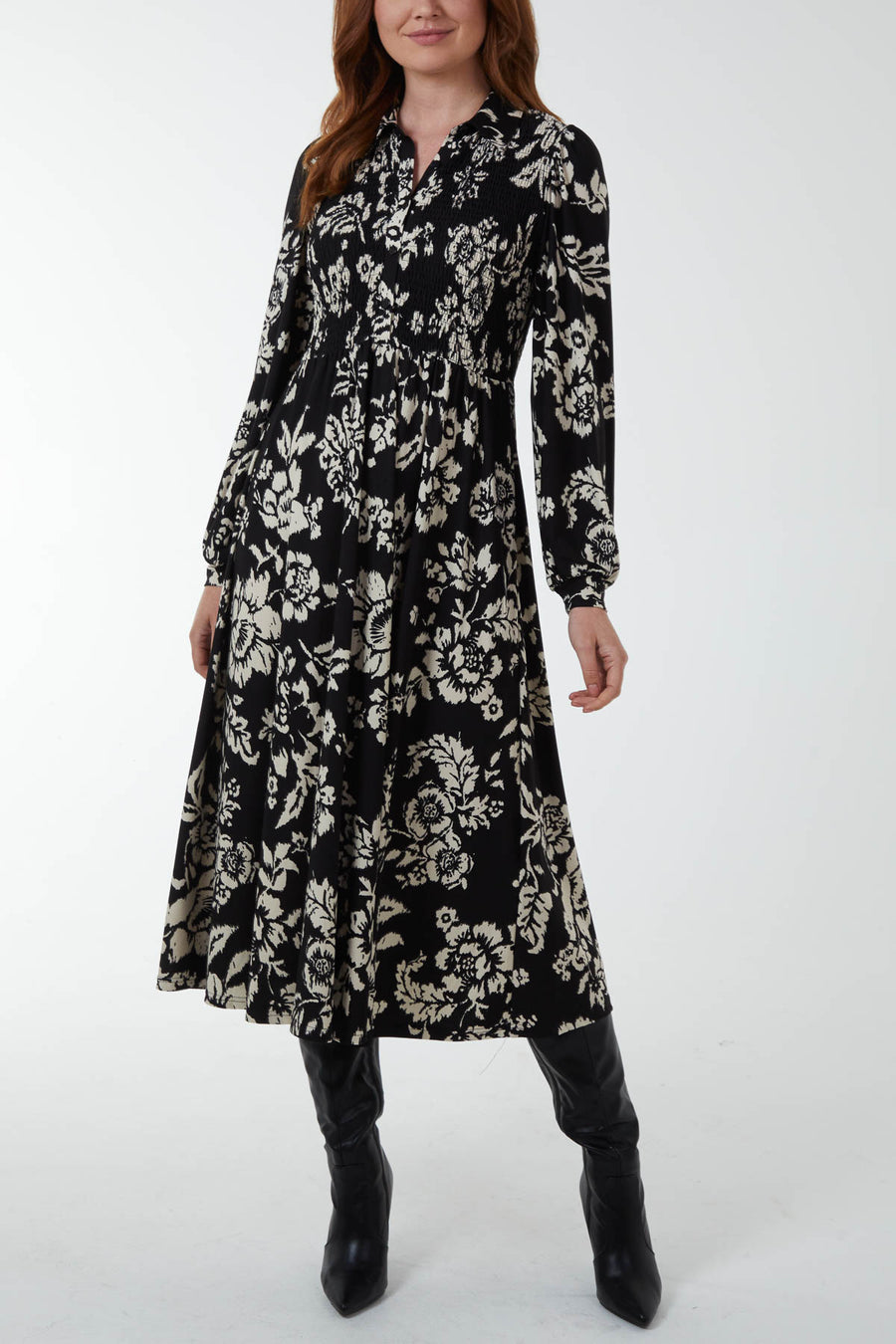 Shirred Waist Long Sleeve Midi Shirt Dress