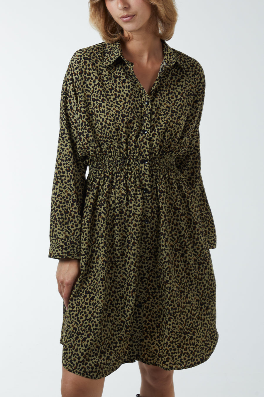 Cheetah Print Shirred Waist Shirt Dress