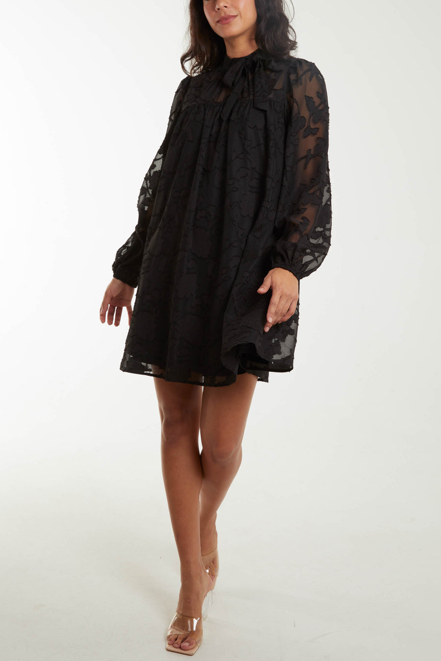Jacquard Bow Mesh Smock Dress