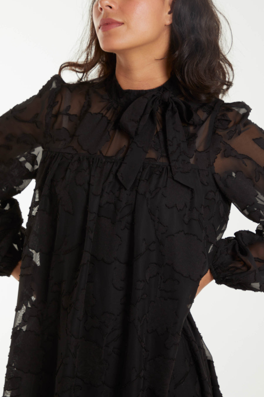 Jacquard Bow Mesh Smock Dress