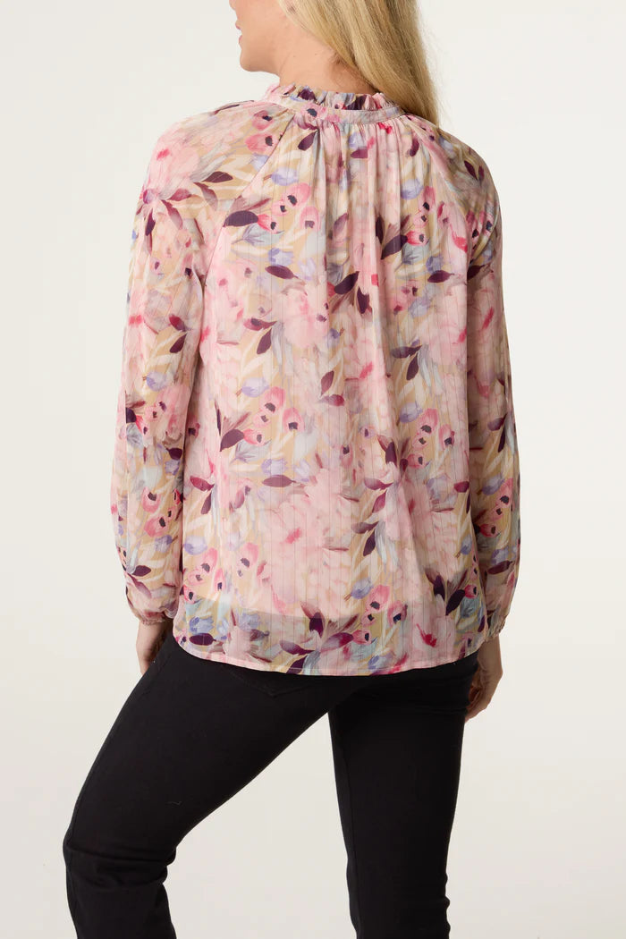 Petal Print Tie Front Blouse