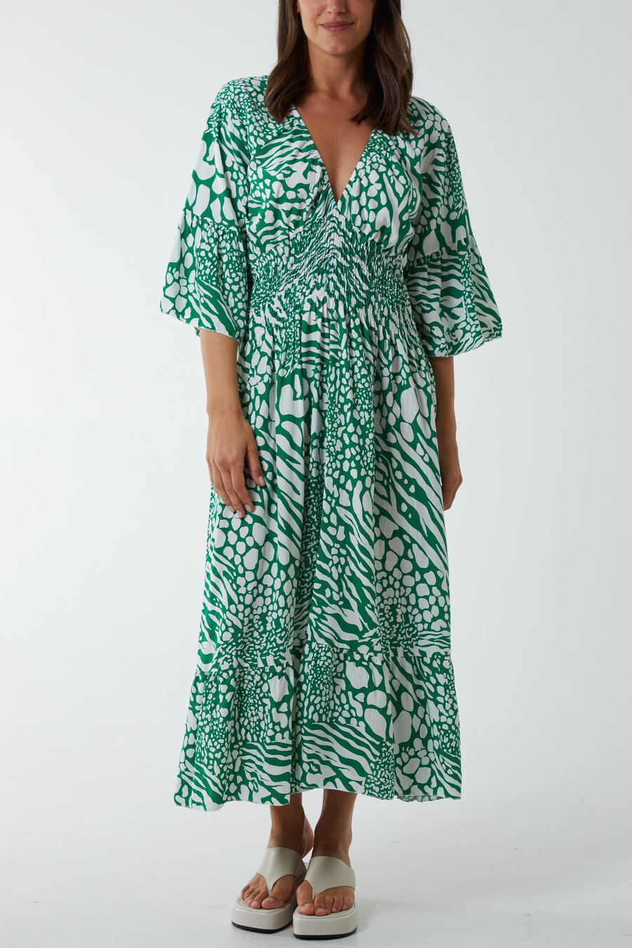 V Neck Shirred Abstract Print Dress