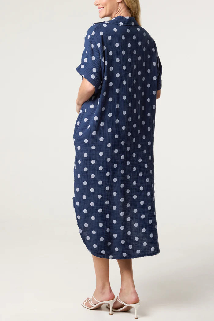 Collar Polka dot Cotton Midi Dress