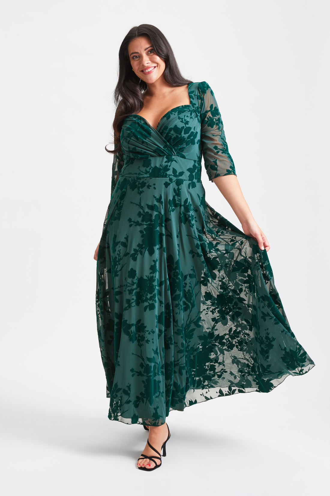 Scarlett & Jo Elizabeth Dark Green Velvet Flock Maxi Dress