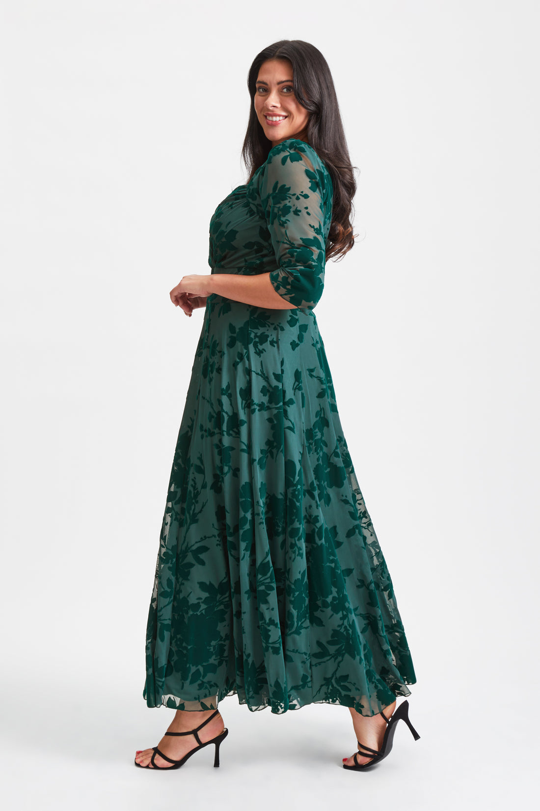 Scarlett & Jo Elizabeth Dark Green Velvet Flock Maxi Dress