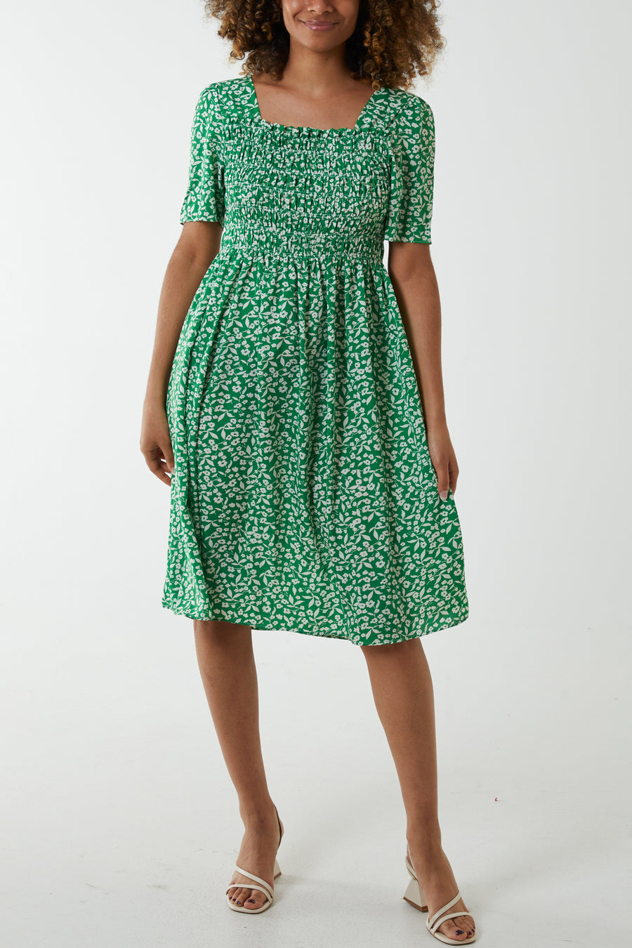 Ditsy Shirred Square Neck Midi Dress