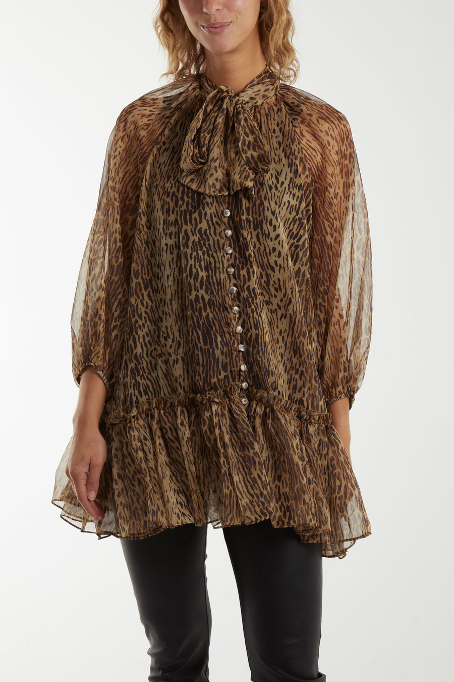 Leopard Print Button Front Pussy Bow Blouse