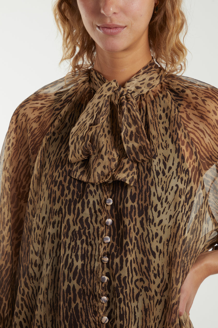 Leopard Print Button Front Pussy Bow Blouse