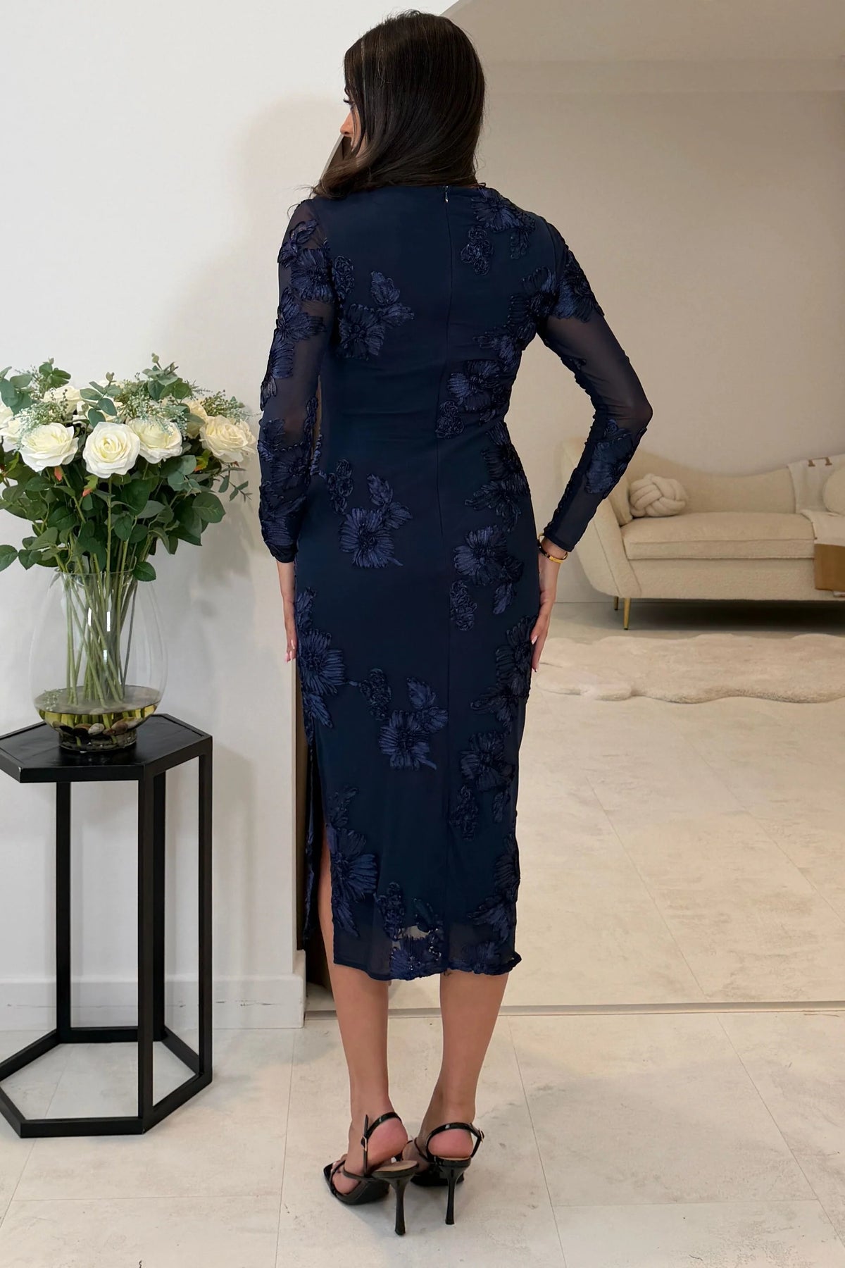 Girl In Mind Elodie Floral Embroidered Mesh Bodycon Dress Midi Navy