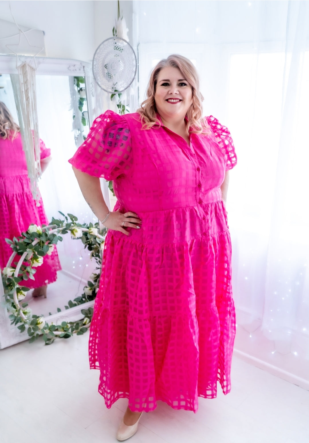 Lovedrobe Pink Chequered Midi Shirt Dress