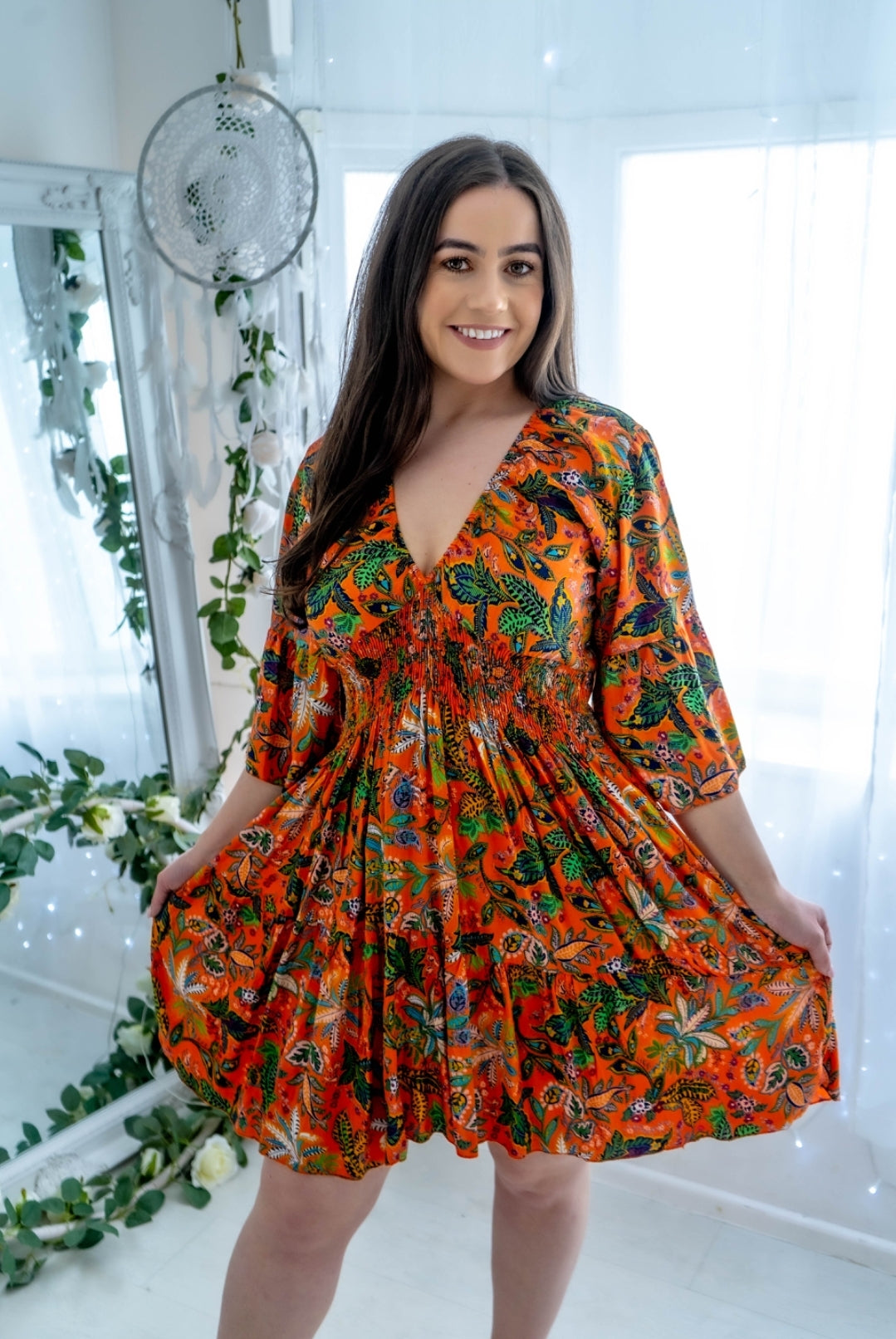 Leaf Print Shirred Bust Mini Dress