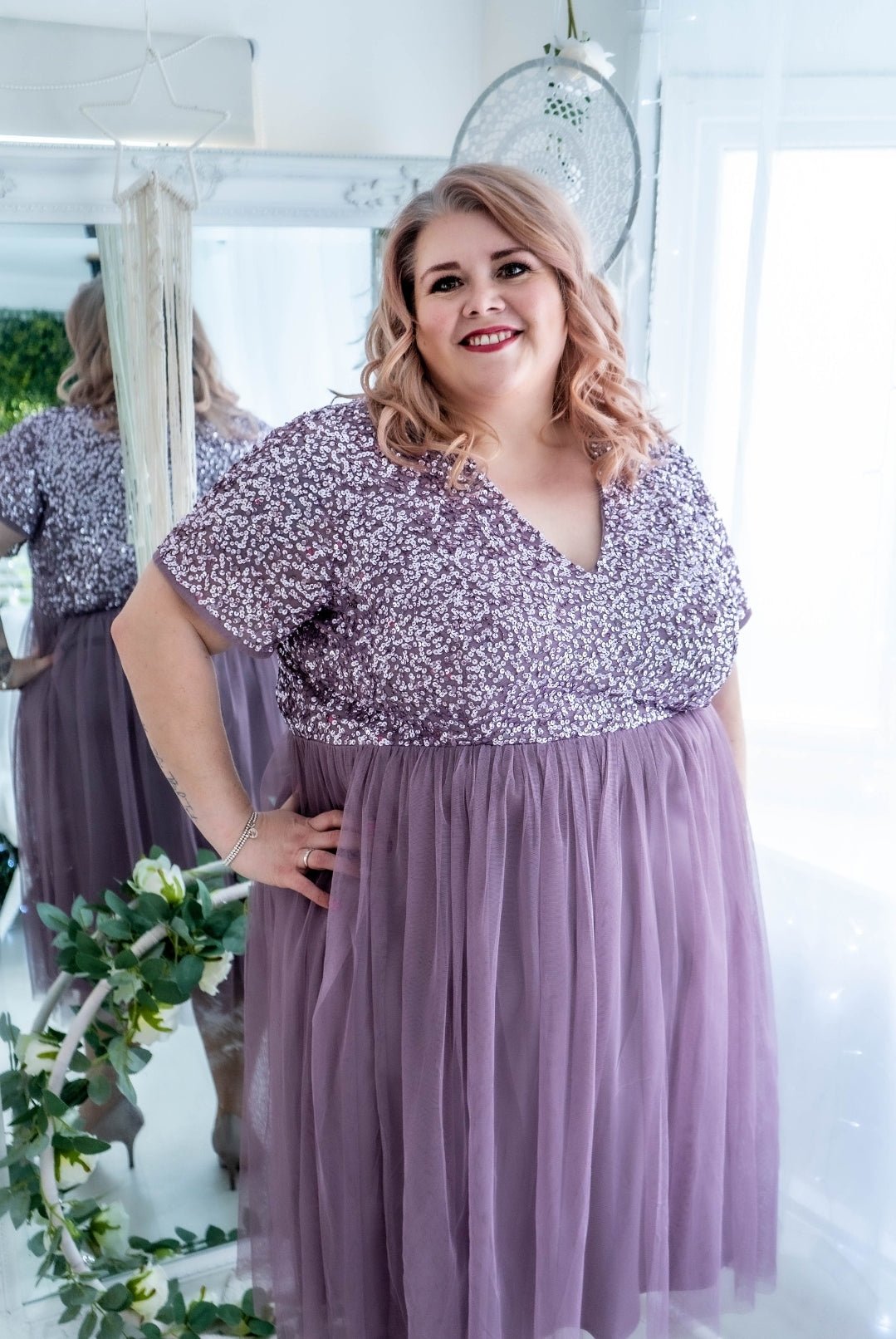 Maya Moody Lilac V Neck Embellished Midi Dress