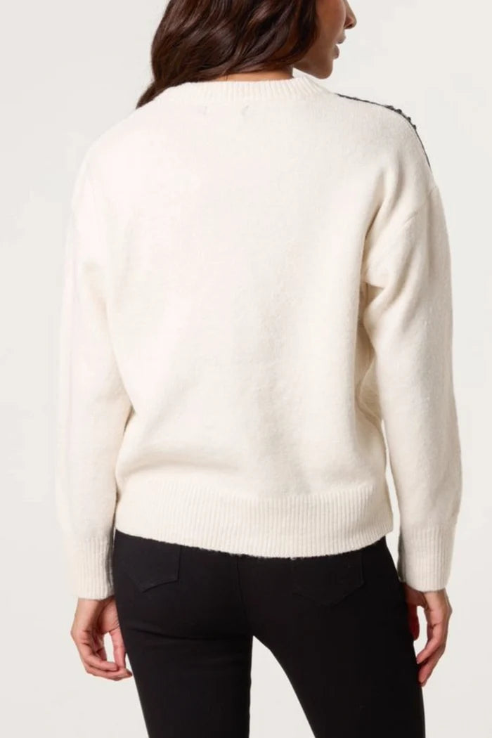 Embroidered Spiral Shoulders Knit Jumper