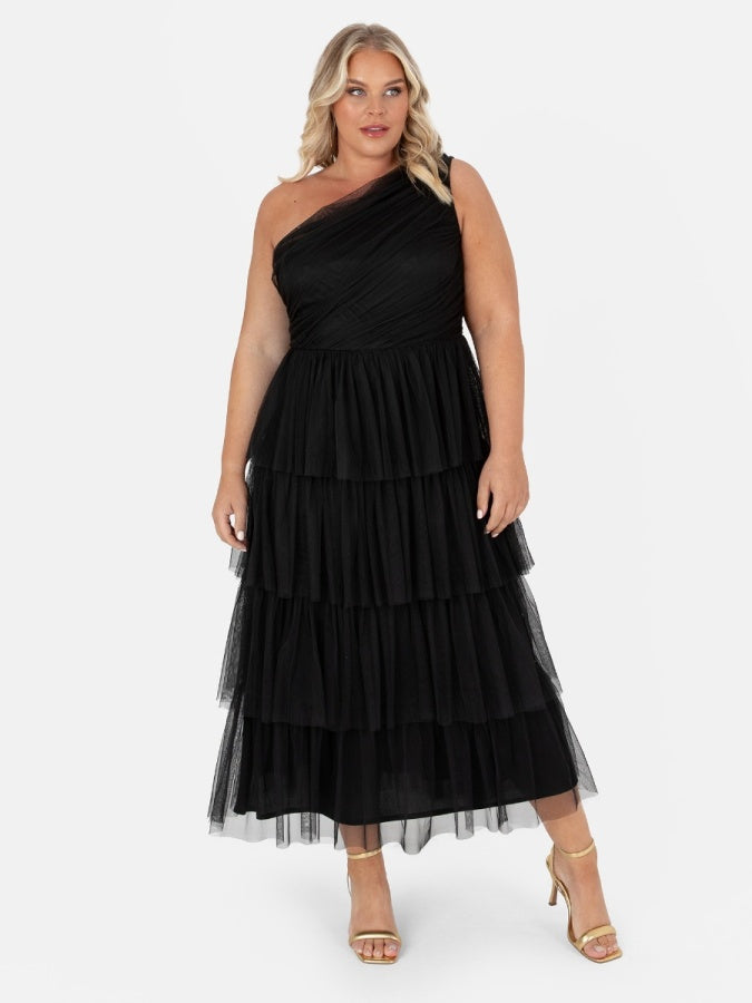 Anaya Black One Shoulder Tiered Midaxi Dress