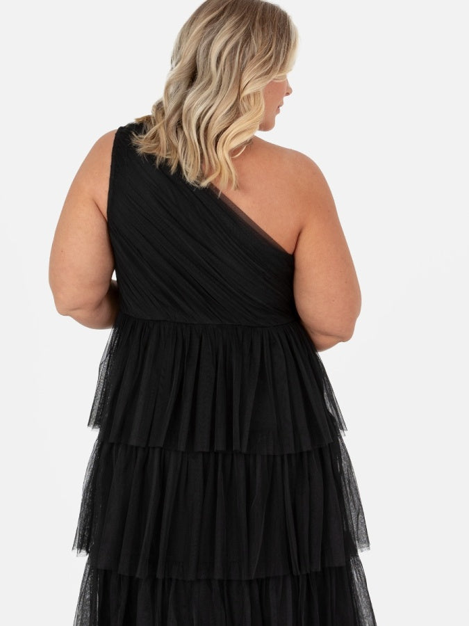 Anaya Black One Shoulder Tiered Midaxi Dress