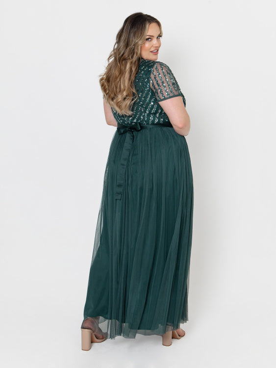 Maya Deluxe Green V Neck Stripe Embellished Maxi Dress