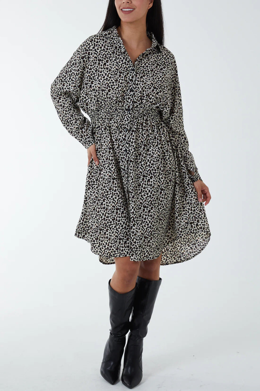 Cheetah Print Shirred Waist Shirt Dress
