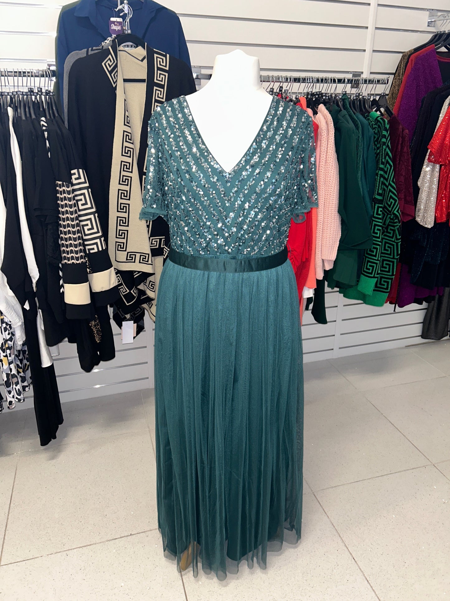 Maya Deluxe Green V Neck Stripe Embellished Maxi Dress