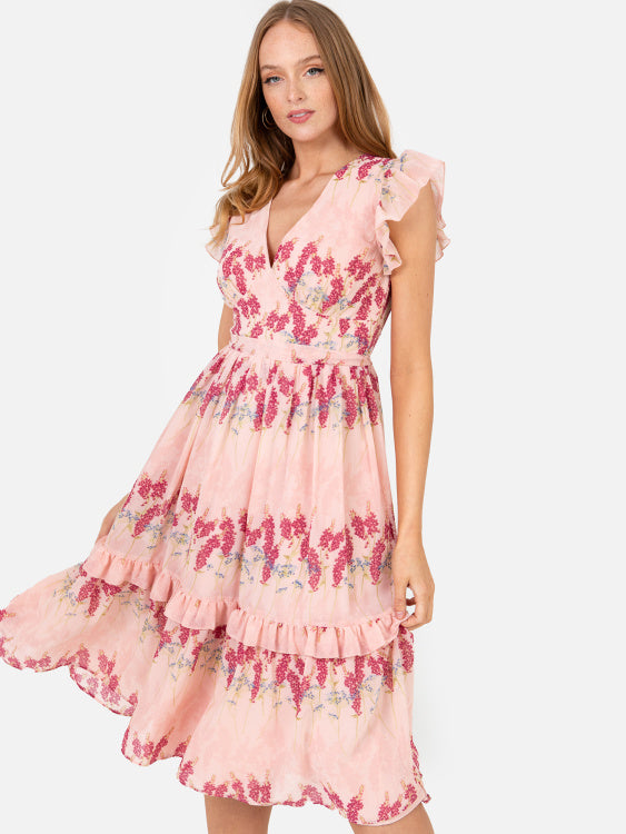Anaya Pink Floral Ruffle Sleeve Dress