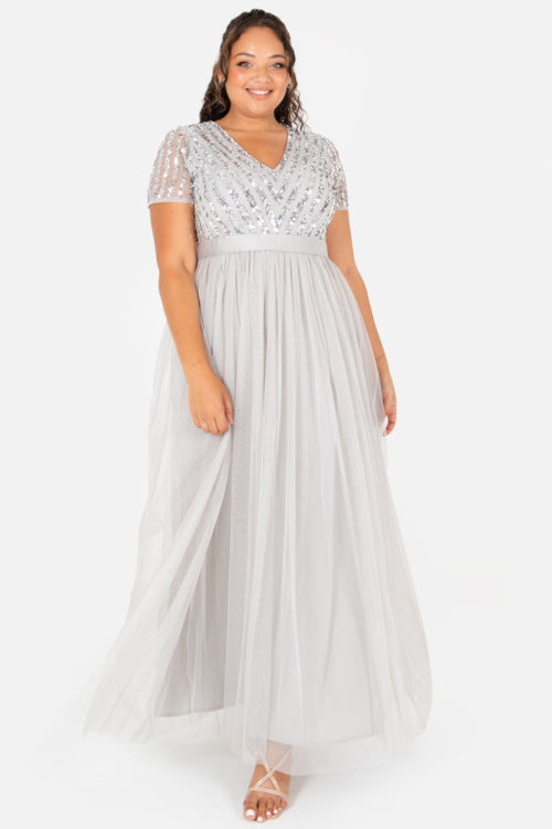 Maya Deluxe Grey V Neck Embellished Maxi Dress