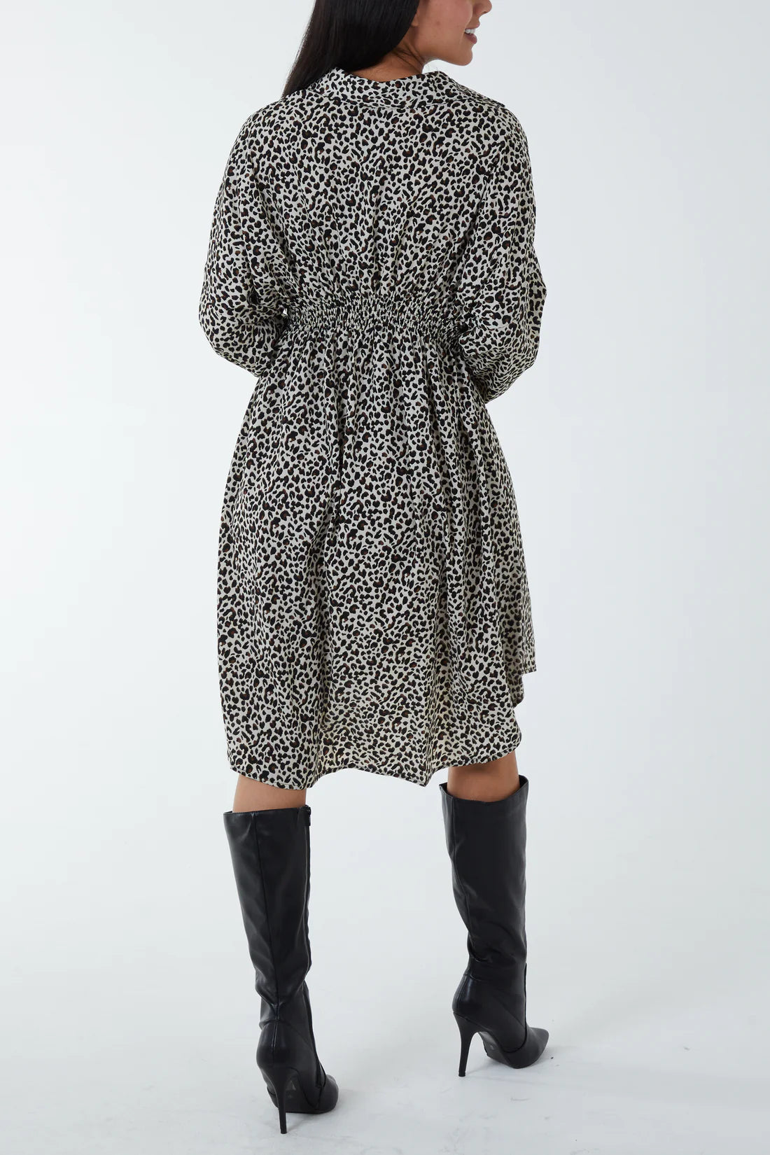 Cheetah Print Shirred Waist Shirt Dress