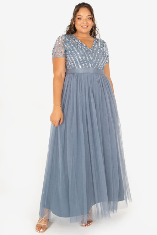 Maya Deluxe Dusty Blue V Neck Stripe Embellished Maxi Dress